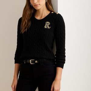 Ralph Lauren Black Cable Knit Sweater with Gold Accents